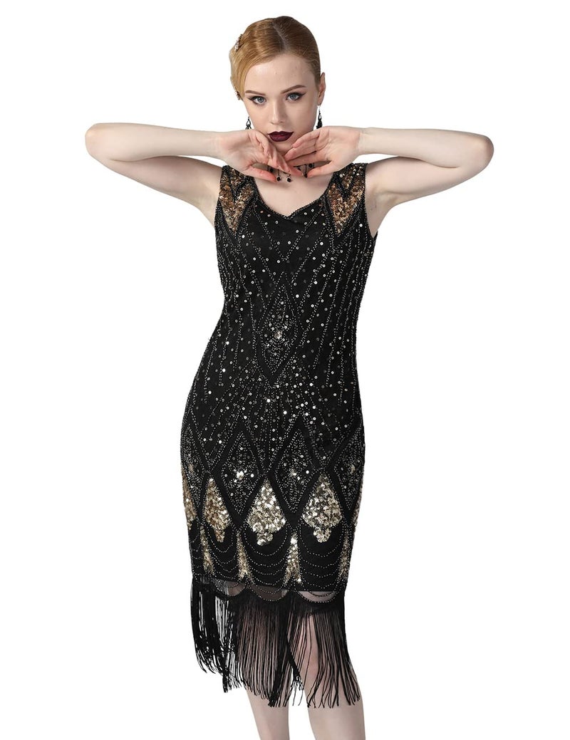 PrettyGuide Women 1920s Gatsby Cocktail Sequin Art Deco Flapper Dress M Gold - Image 2